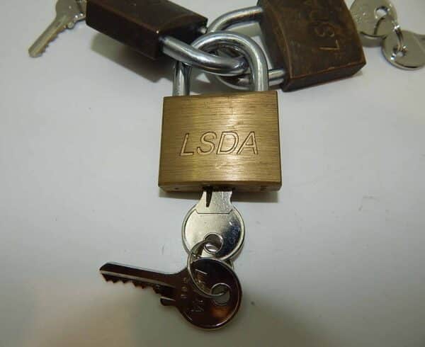 Set of 3 Used LSDA Brass Pad Locks Keyed Alike | moneymachines.com